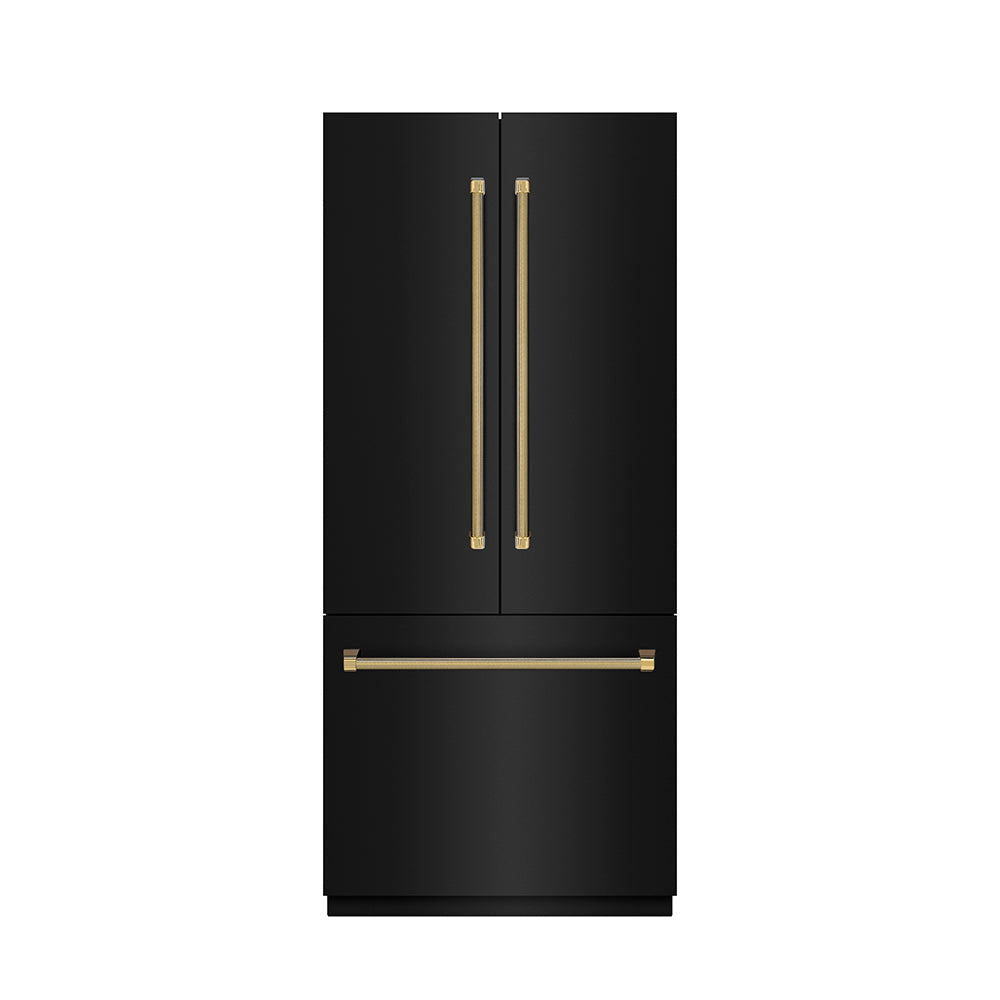 ZLINE Autograph Edition 36-inch refrigerator in black stainless steel with graphite gray interior and polished gold accents GRBIVZ-BS36KG, front view