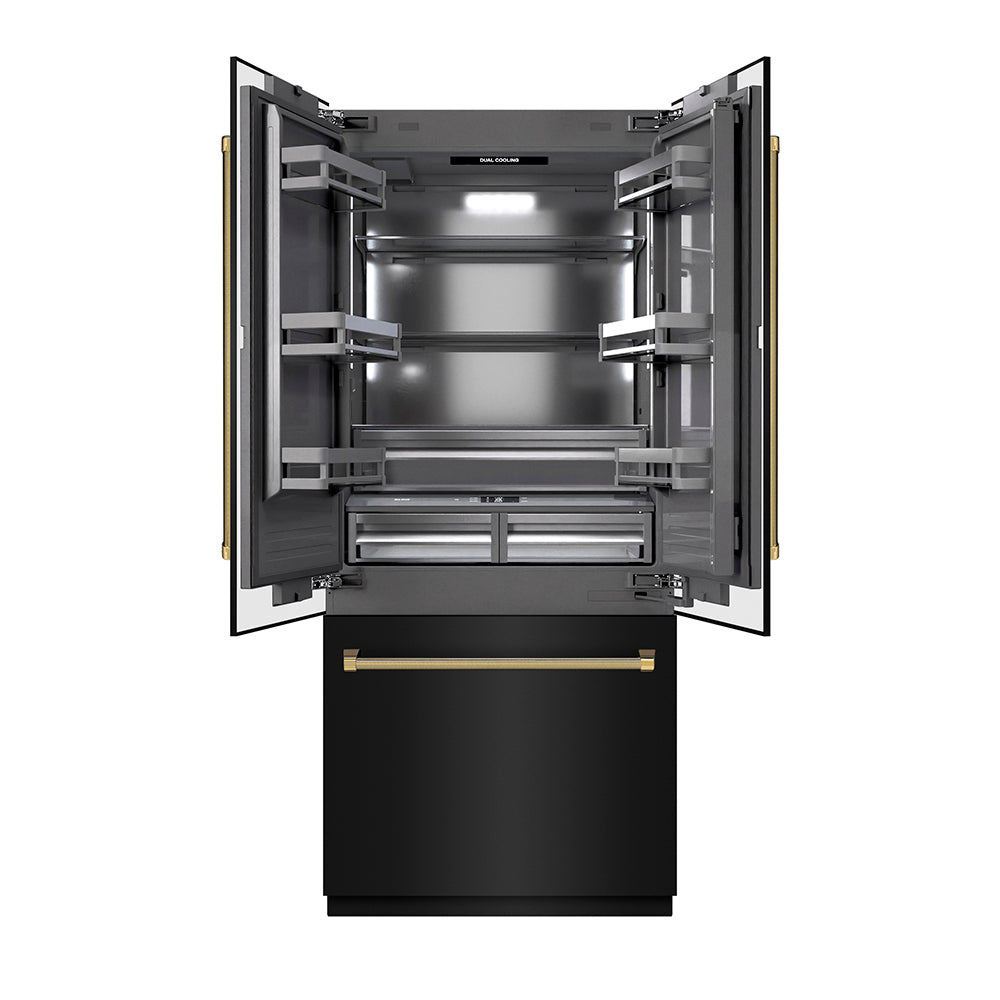 ZLINE Autograph Edition 36-inch refrigerator in black stainless steel with graphite gray interior and polished gold accents GRBIVZ-BS36KG