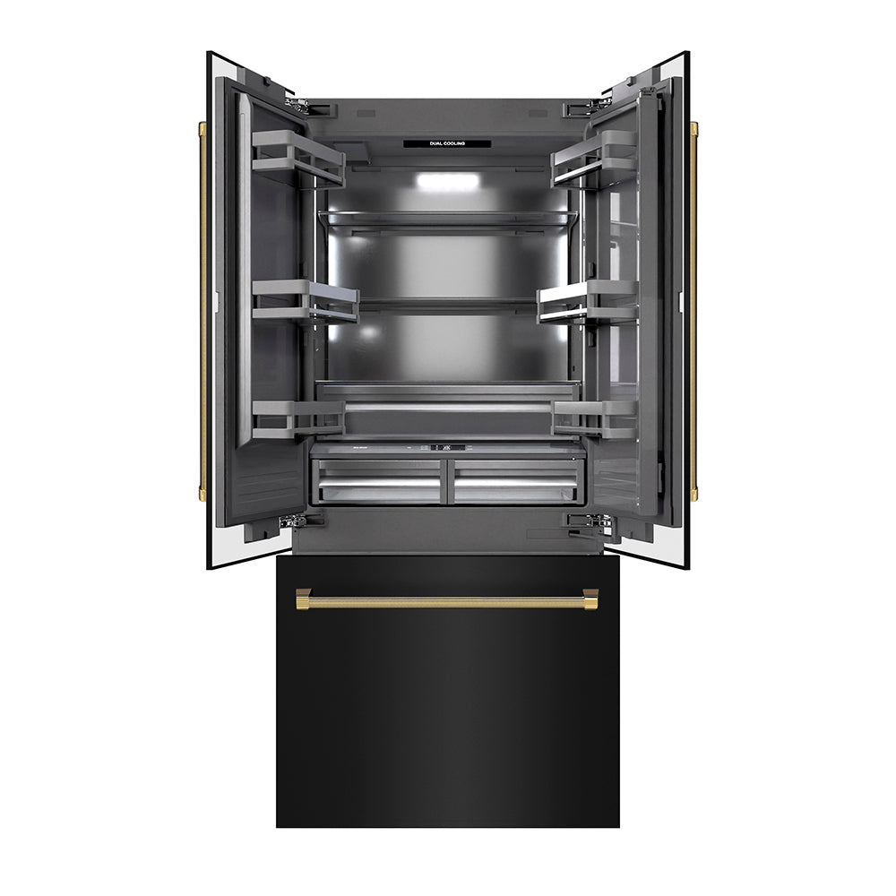 ZLINE Autograph Edition 36-inch refrigerator in black stainless steel with graphite gray interior and polished gold accents GRBIVZ-BS36KG, front view