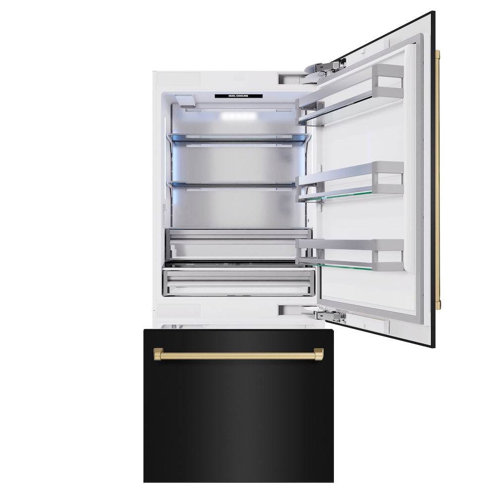 ZLINE Autograph Edition 36-inch refrigerator in black stainless steel with bright white interior and champagne bronze accents RBITZ-BS-36-CB, front view