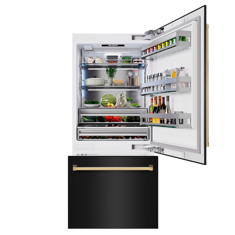 ZLINE Autograph Edition 36-inch refrigerator in black stainless steel with bright white interior and polished gold accents RBITZ-BS-36-G, front view
