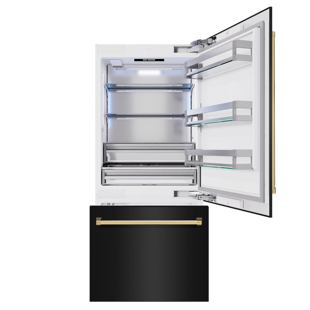 ZLINE Autograph Edition 36-inch refrigerator in black stainless steel with bright white interior and polished gold accents RBITZ-BS-36-G, front view