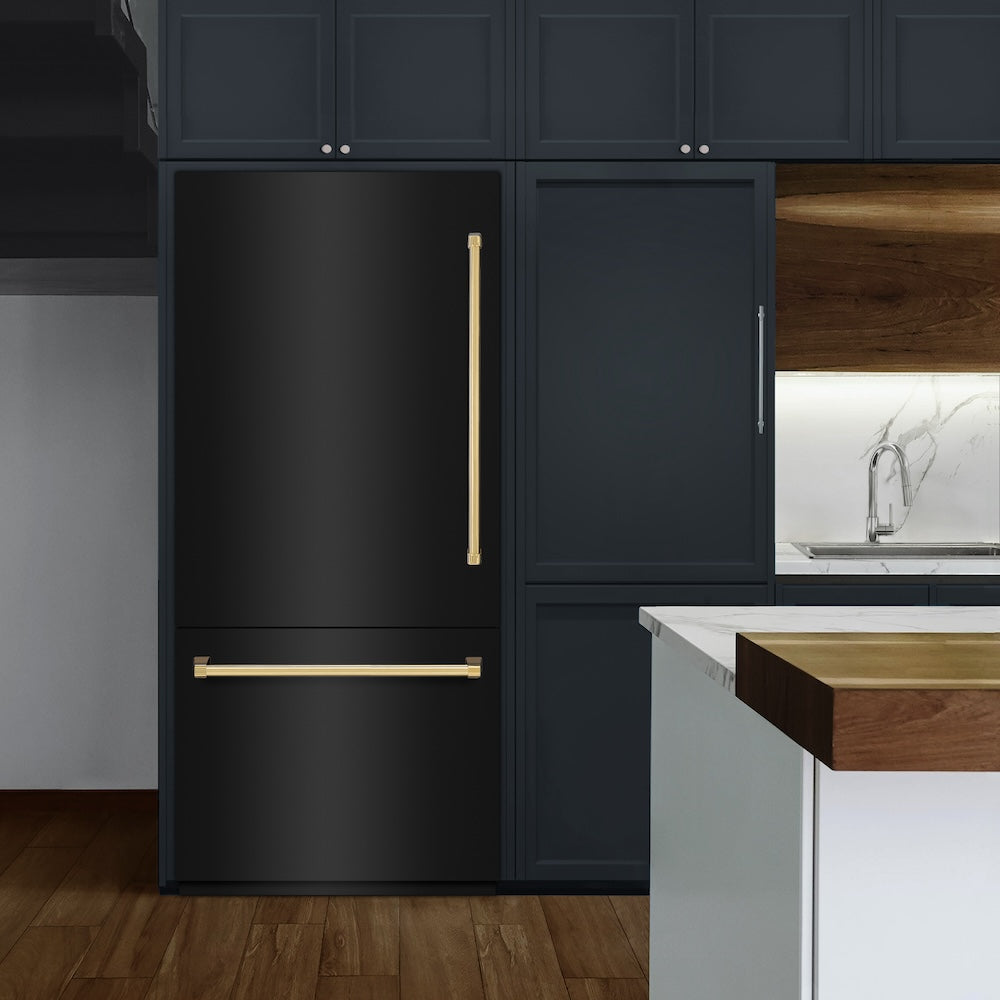 ZLINE Autograph Edition 36-inch refrigerator in black stainless steel with bright white interior and polished gold accents RBITZ-BS-36-G, view 2
