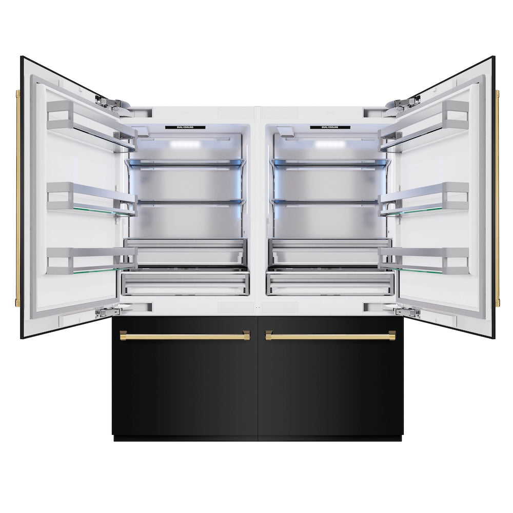 ZLINE Autograph Edition 72-inch refrigerator in black stainless steel with bright white interior and polished gold accents RBITZ-BS-72-G, front view