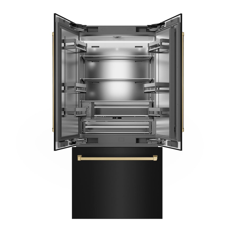 ZLINE Autograph Edition 36-inch refrigerator in black stainless steel with stainless steel interior and champagne bronze accents SRBIVZ-BS-36-CB