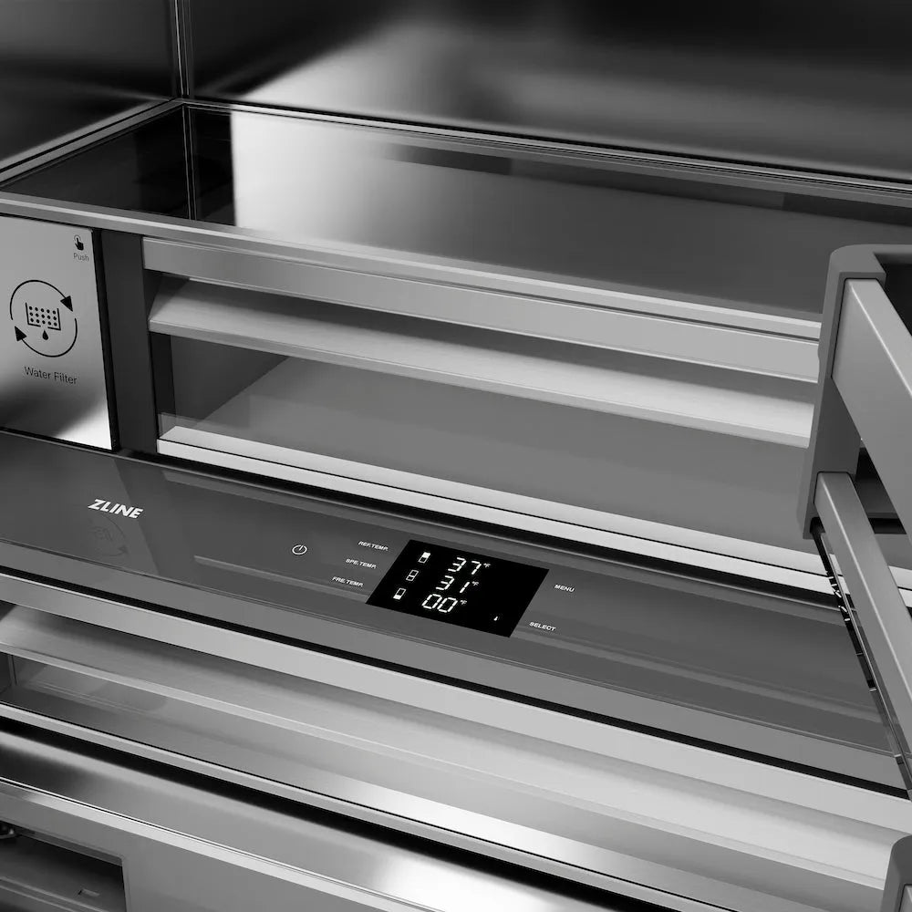 ZLINE Autograph Edition 36-inch refrigerator in black stainless steel with stainless steel interior and polished gold accents SRBIVZ-BS-36-G, detail