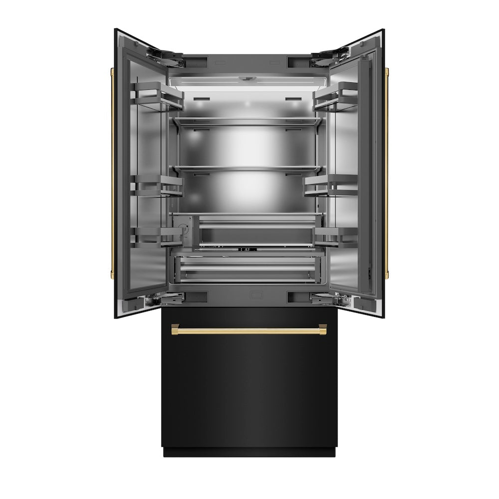 ZLINE Autograph Edition 36-inch refrigerator in black stainless steel with stainless steel interior and polished gold accents SRBIVZ-BS-36-G, front view