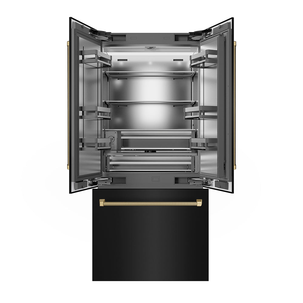 ZLINE Autograph Edition 36-inch refrigerator in black stainless steel with stainless steel interior and champagne bronze accents SRBIVZ-BS36KCB, front view