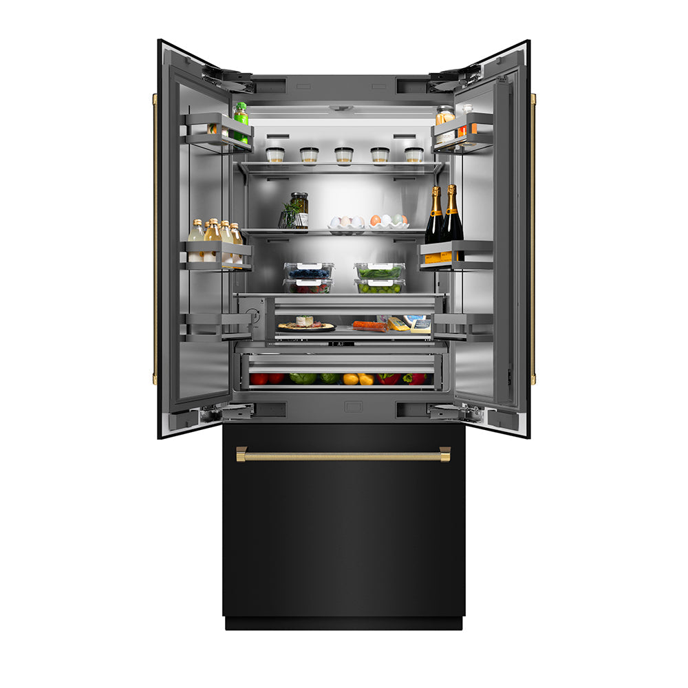 ZLINE Autograph Edition 36-inch refrigerator in black stainless steel with stainless steel interior and polished gold accents SRBIVZ-BS36KG, front view