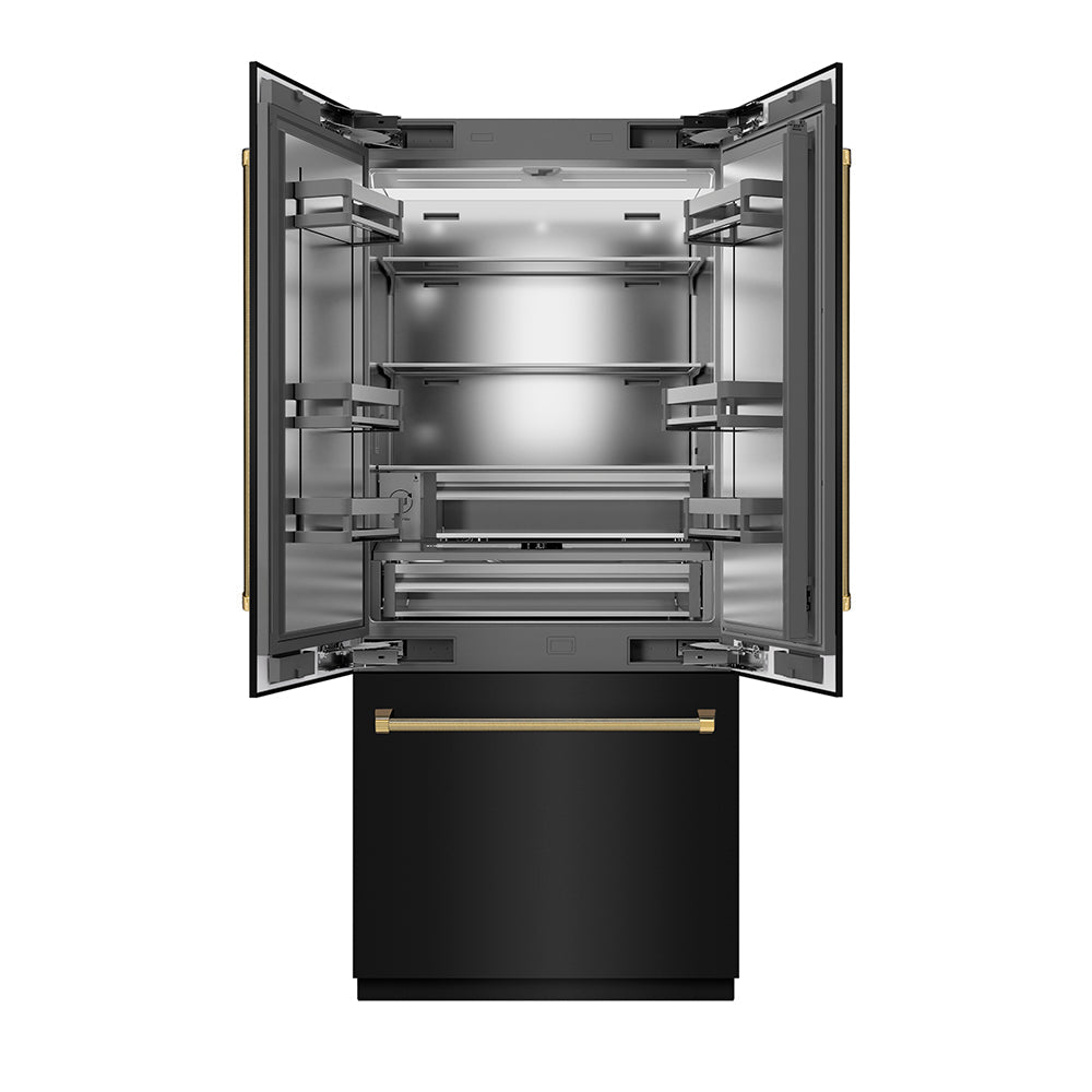 ZLINE Autograph Edition 36-inch refrigerator in black stainless steel with stainless steel interior and polished gold accents SRBIVZ-BS36KG