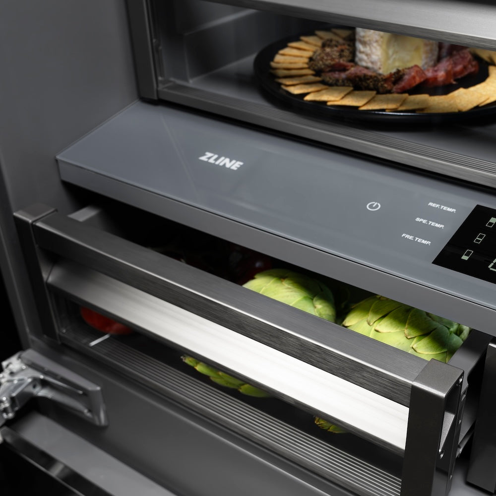 ZLINE 36-inch refrigerator in satin stainless steel with graphite gray interior GRBIV-SN-36, detail