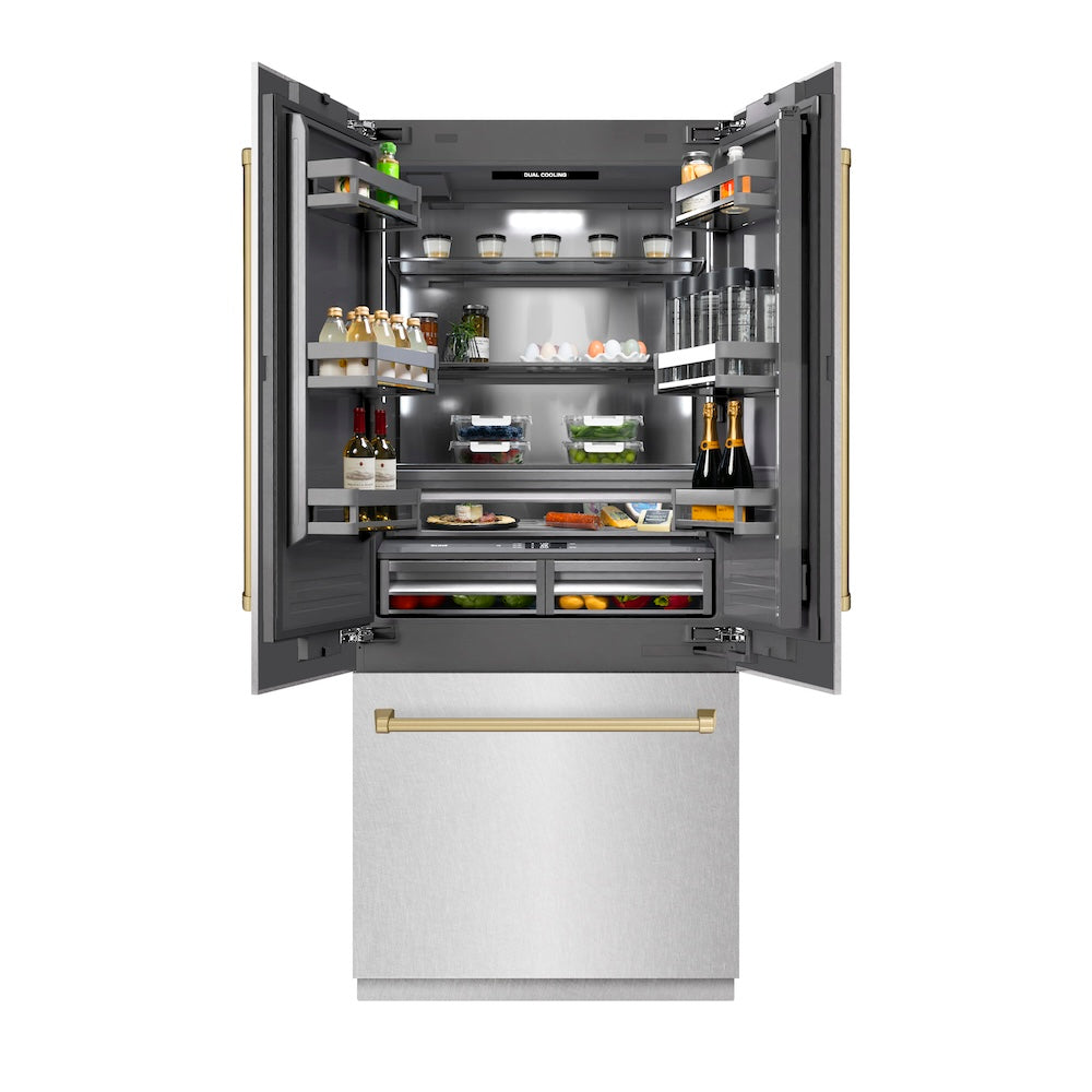 ZLINE Autograph Edition 36-inch refrigerator in satin stainless steel with graphite gray interior and champagne bronze accents GRBIVZ-SN-36-CB, front view