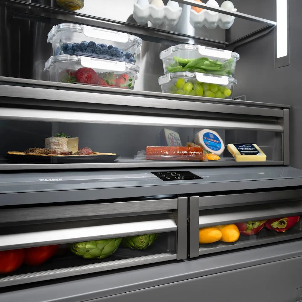 ZLINE Autograph Edition 36-inch refrigerator in satin stainless steel with graphite gray interior and polished gold accents GRBIVZ-SN-36-G, detail