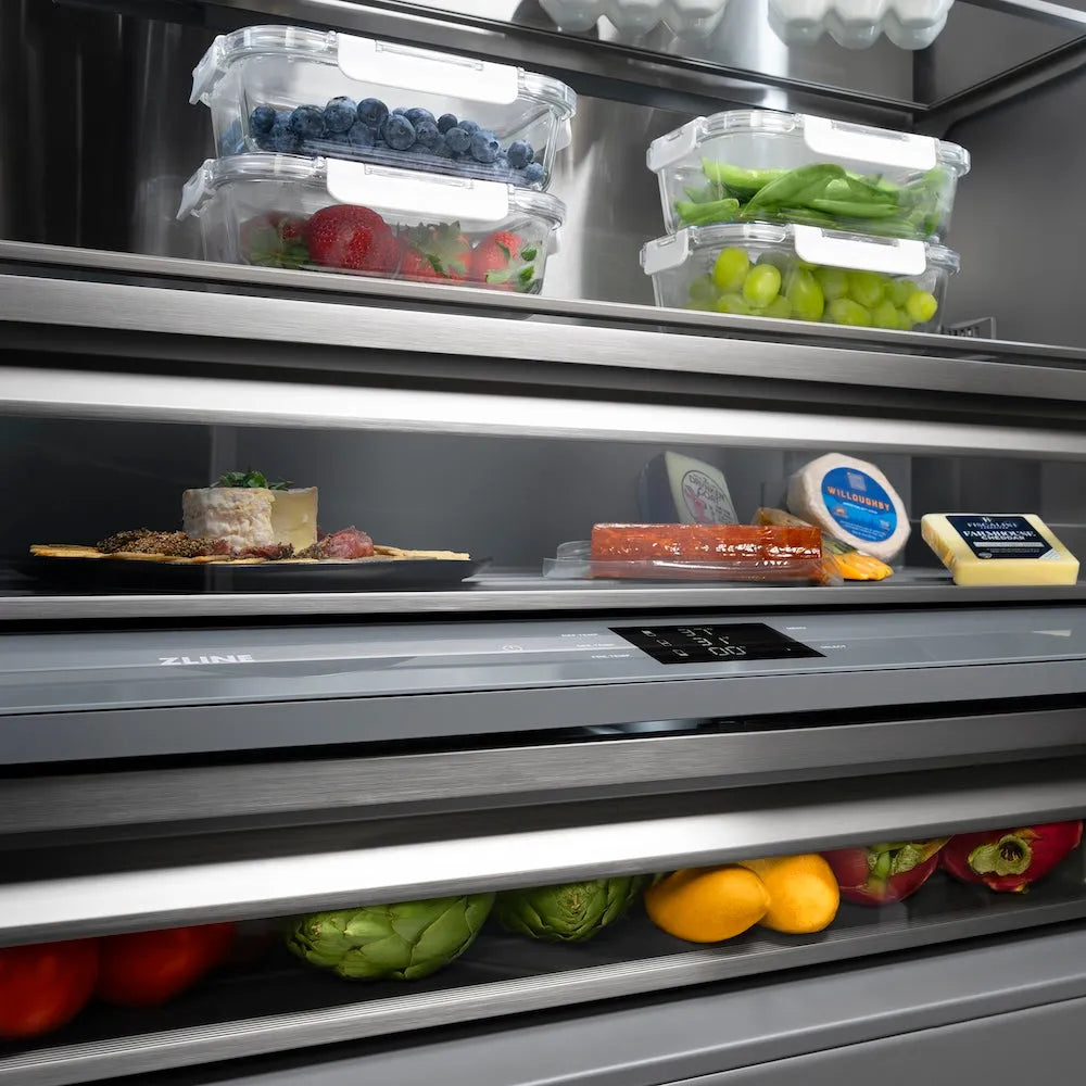 ZLINE Autograph Edition 60-inch refrigerator in satin stainless steel with graphite gray interior and matte black accents GRBIVZ-SN-60-MB, detail