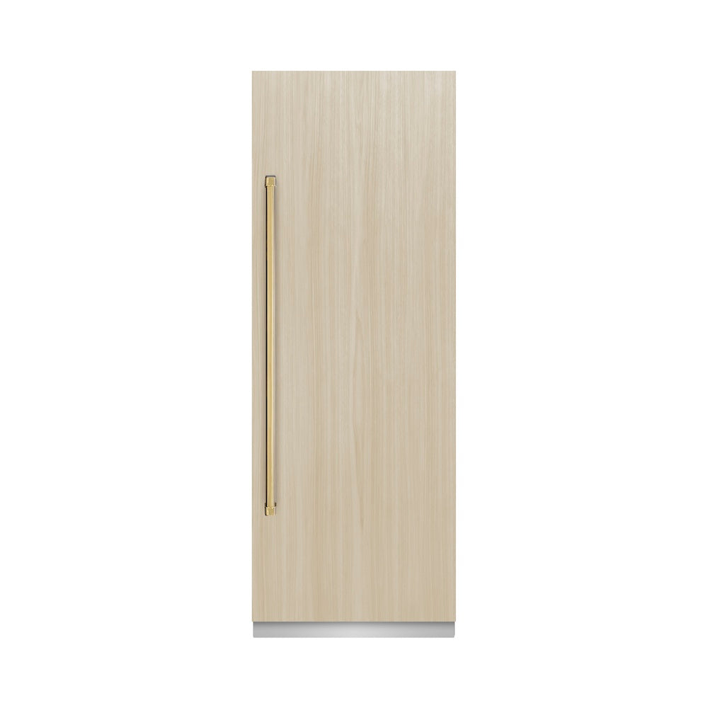 ZLINE Autograph Edition 30-inch refrigerator, panel ready with graphite gray interior and polished gold accents RBCRVZ-30-G, front view
