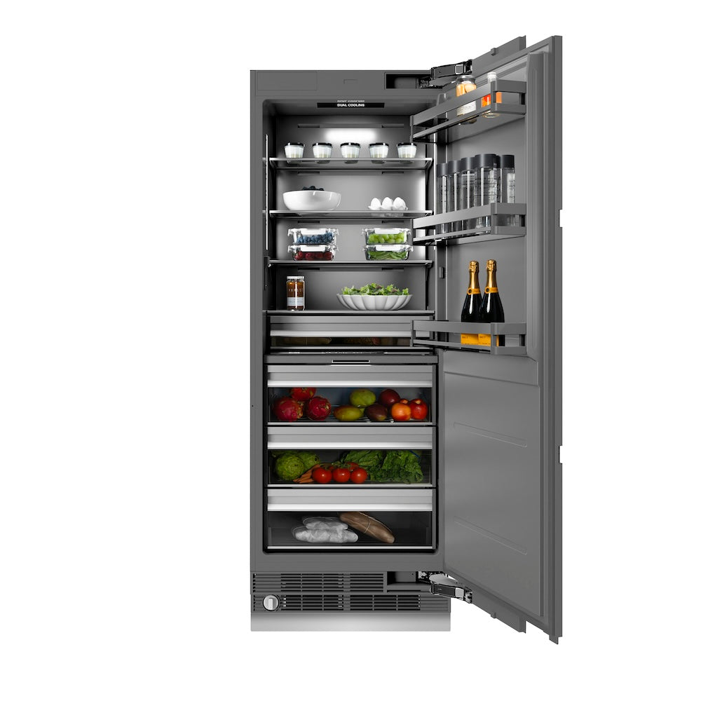 ZLINE Autograph Edition 30-inch refrigerator, panel ready with graphite gray interior and polished gold accents RBCRVZ-30-G, front view