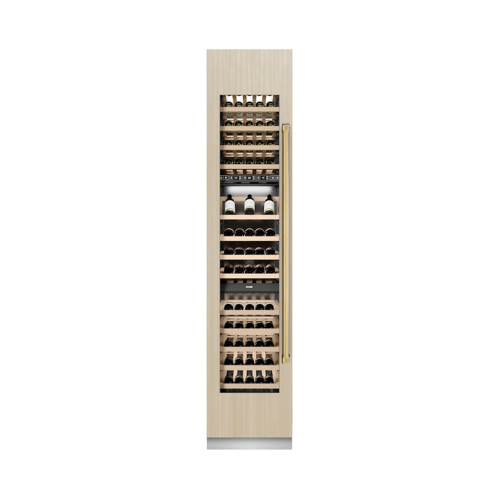 ZLINE Autograph Edition 18-inch wine cooler, panel ready with graphite gray interior and polished gold accents RBCWVLZ-18-G, front view