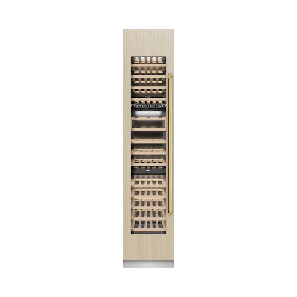 ZLINE Autograph Edition 18-inch wine cooler, panel ready with graphite gray interior and polished gold accents RBCWVLZ-18-G, front view
