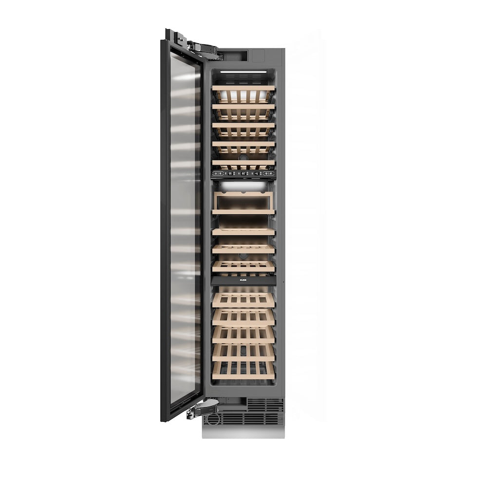 ZLINE Autograph Edition 18-inch wine cooler, panel ready with graphite gray interior and matte black accents RBCWVLZ-18-MB, front view