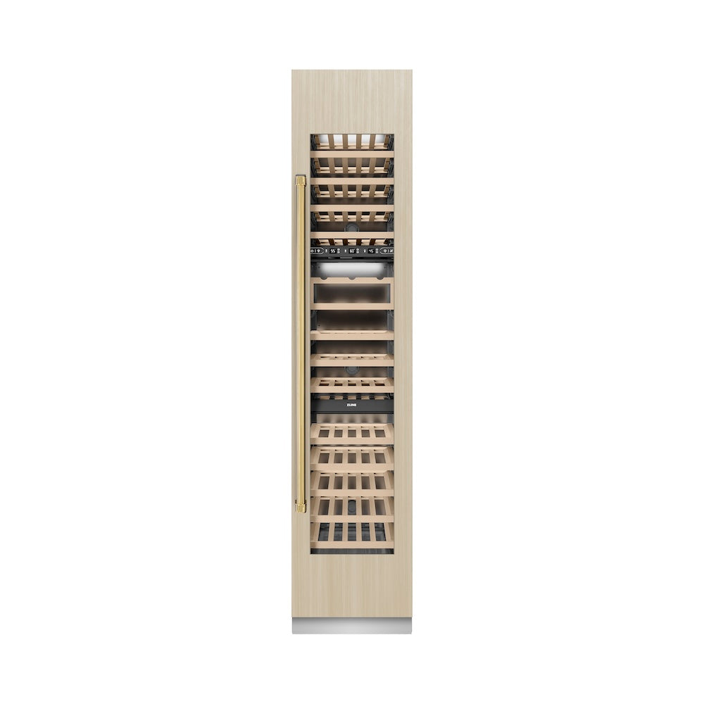 ZLINE Autograph Edition 18-inch wine cooler, panel ready with graphite gray interior and polished gold accents RBCWVRZ-18-G, front view