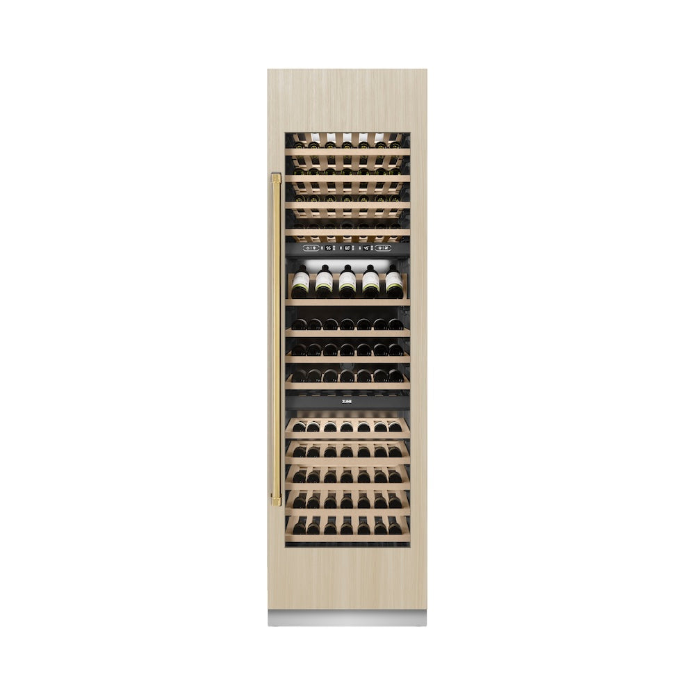 ZLINE Autograph Edition 24-inch wine cooler, panel ready with graphite gray interior and polished gold accents RBCWVZ-24-G, front view