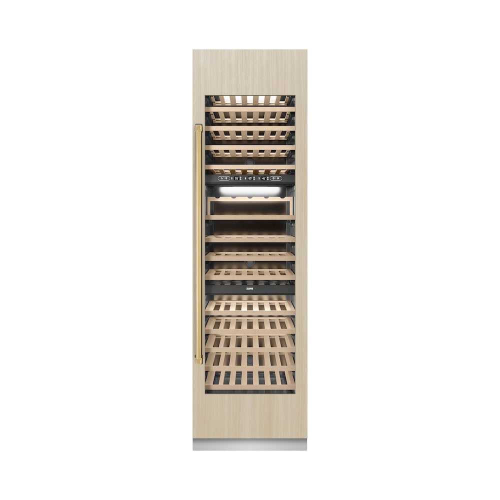 ZLINE Autograph Edition 24-inch wine cooler, panel ready with graphite gray interior and polished gold accents RBCWVZ-24-G, front view