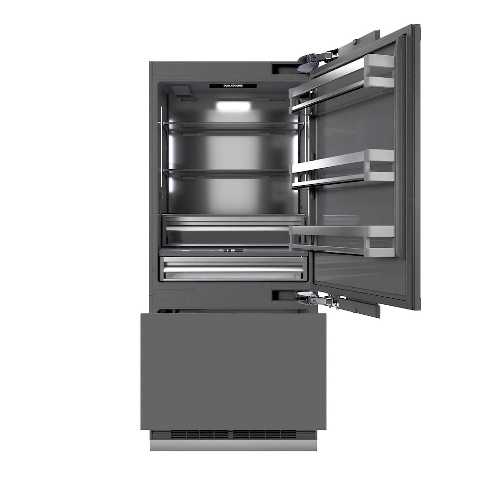 ZLINE Autograph Edition 36-inch refrigerator, panel ready with graphite gray interior and polished gold accents GRBITZ-36-G, front view