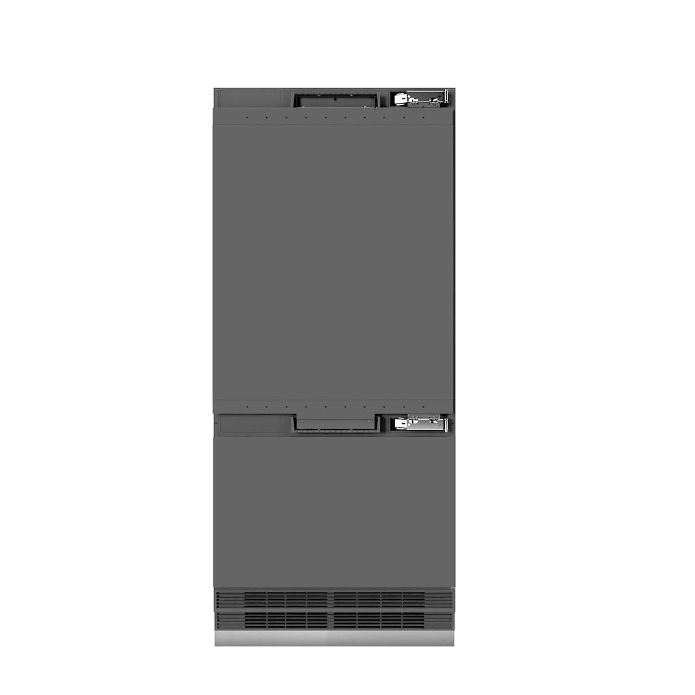 ZLINE Autograph Edition 36-inch refrigerator, panel ready with graphite gray interior and polished gold accents GRBITZ-36-G, front view