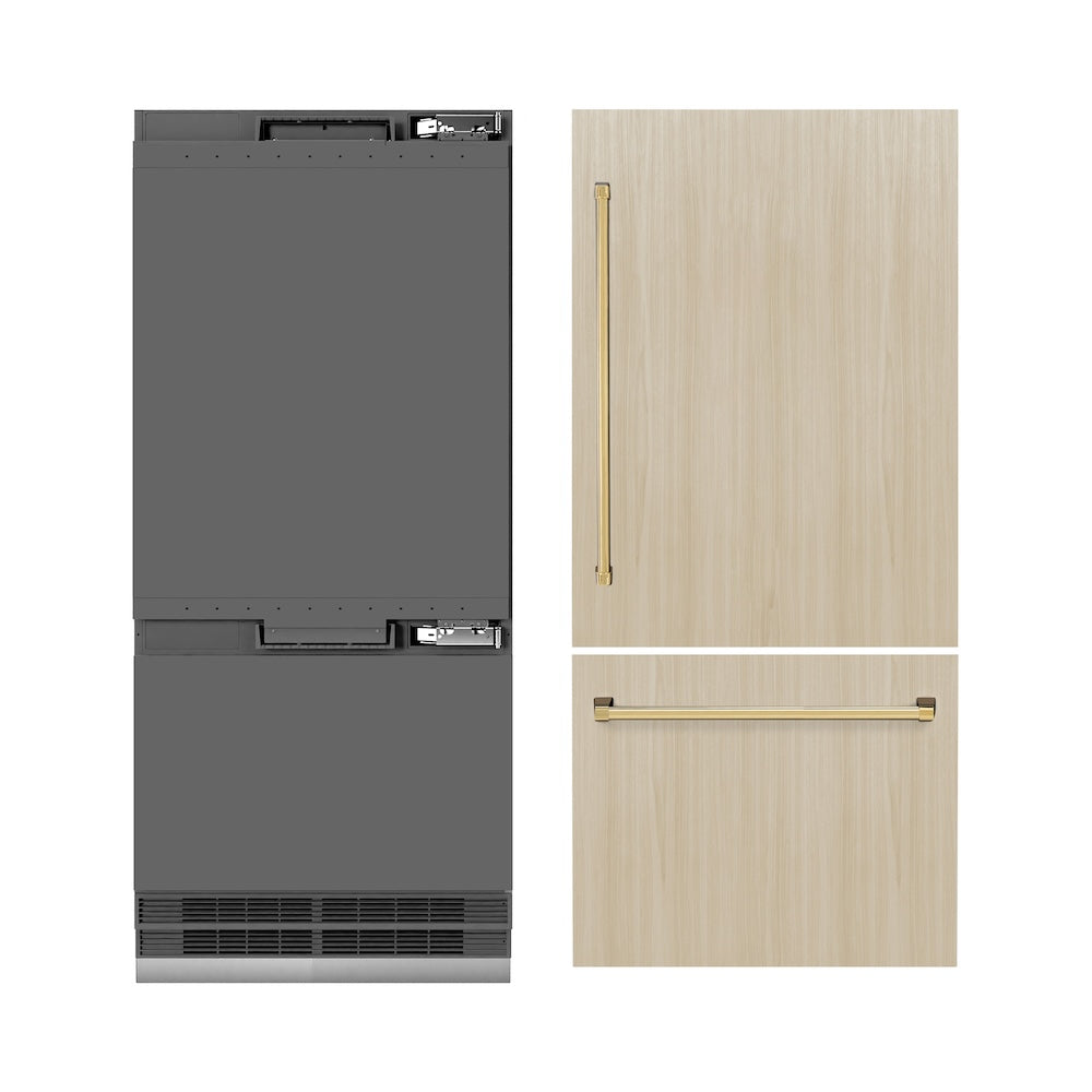ZLINE Autograph Edition 36-inch refrigerator, panel ready with graphite gray interior and polished gold accents GRBITZ-36-G, front view