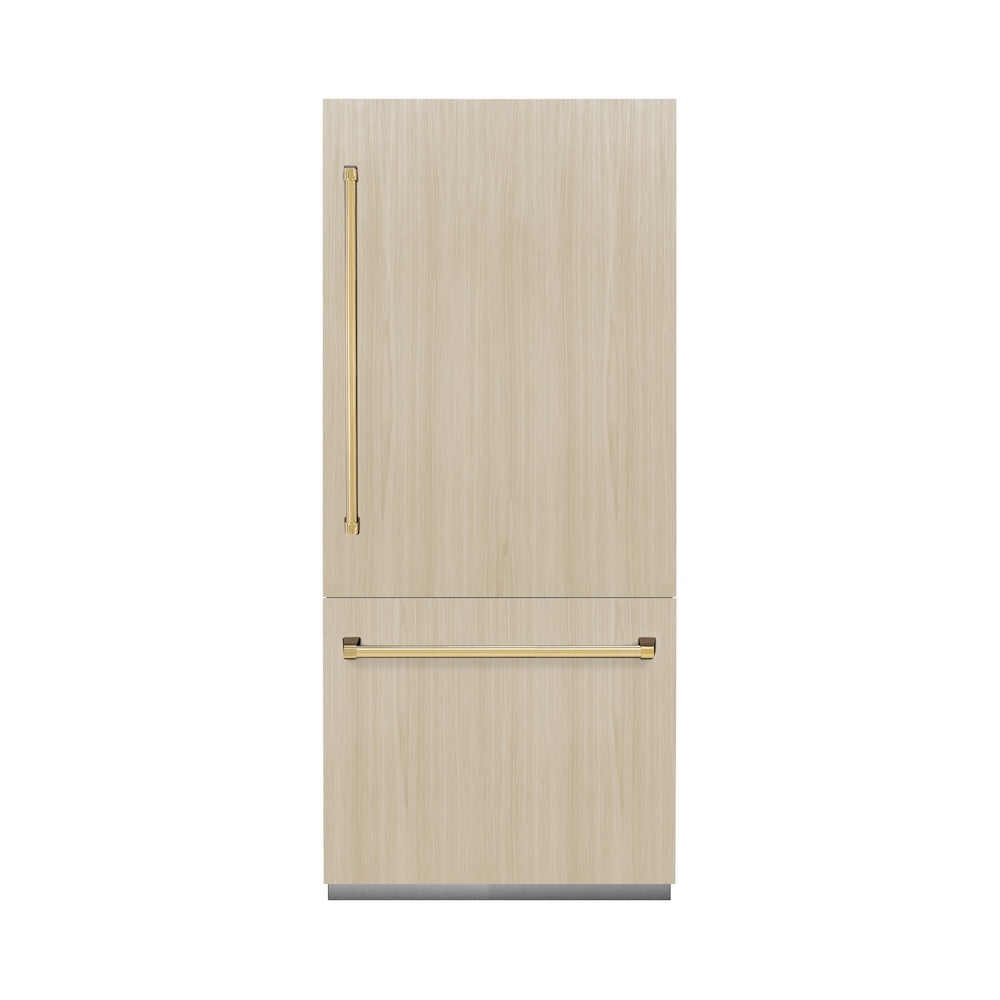 ZLINE Autograph Edition 36-inch refrigerator, panel ready with graphite gray interior and polished gold accents GRBITZ-36-G, front view