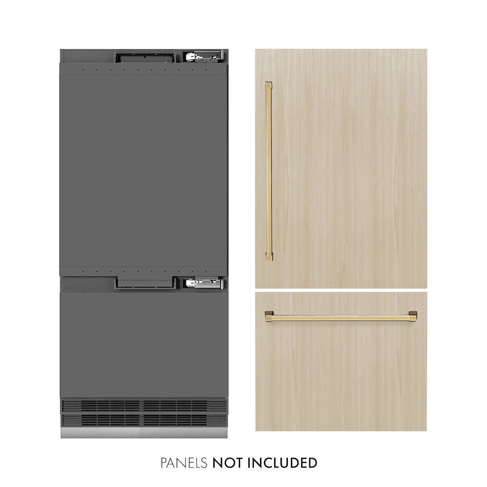 ZLINE Autograph Edition 36-inch refrigerator, panel ready with graphite gray interior and polished gold accents GRBITZ-36-G, front view