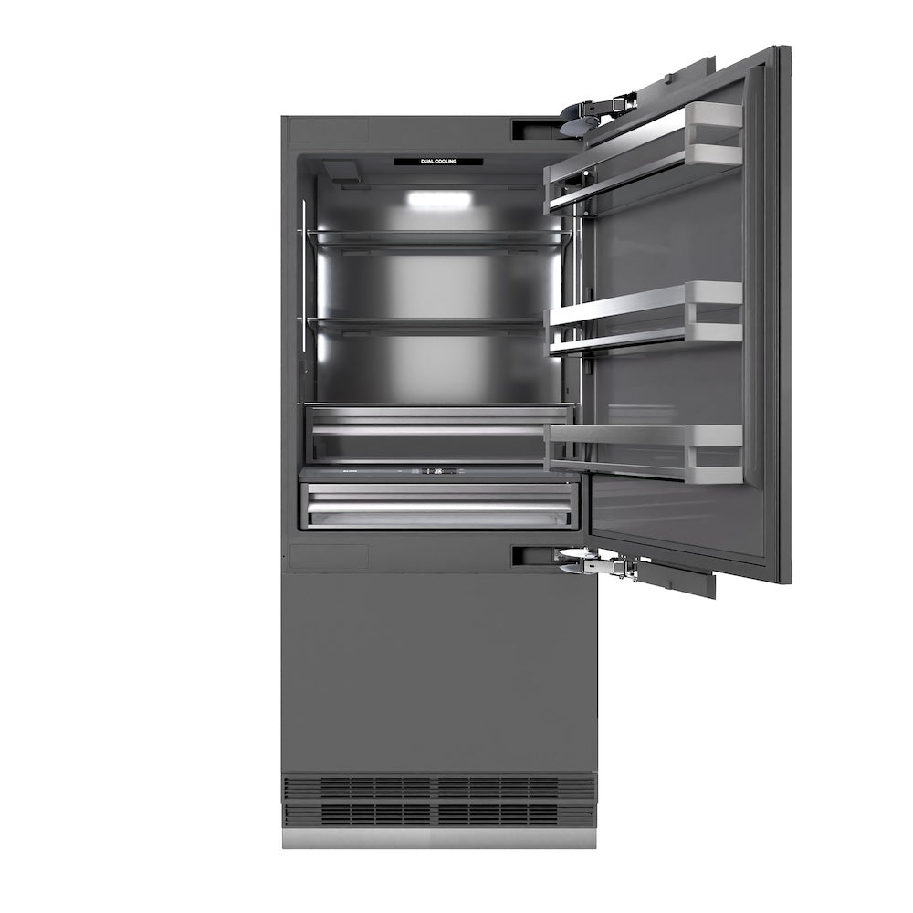 ZLINE Autograph Edition 36-inch refrigerator, panel ready with graphite gray interior and matte black accents GRBITZ-36-MB
