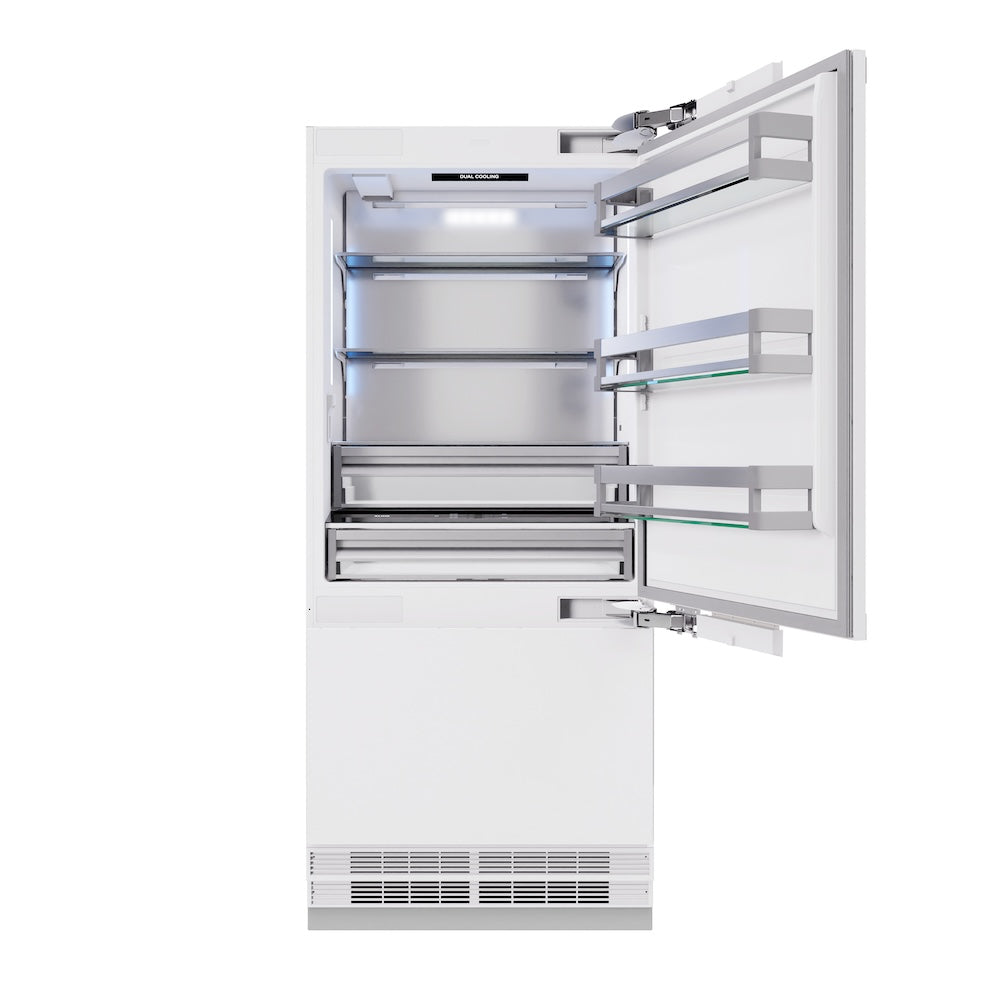 ZLINE Autograph Edition 36-inch refrigerator, panel ready with bright white interior and champagne bronze accents RBITZ-36-CB, front view