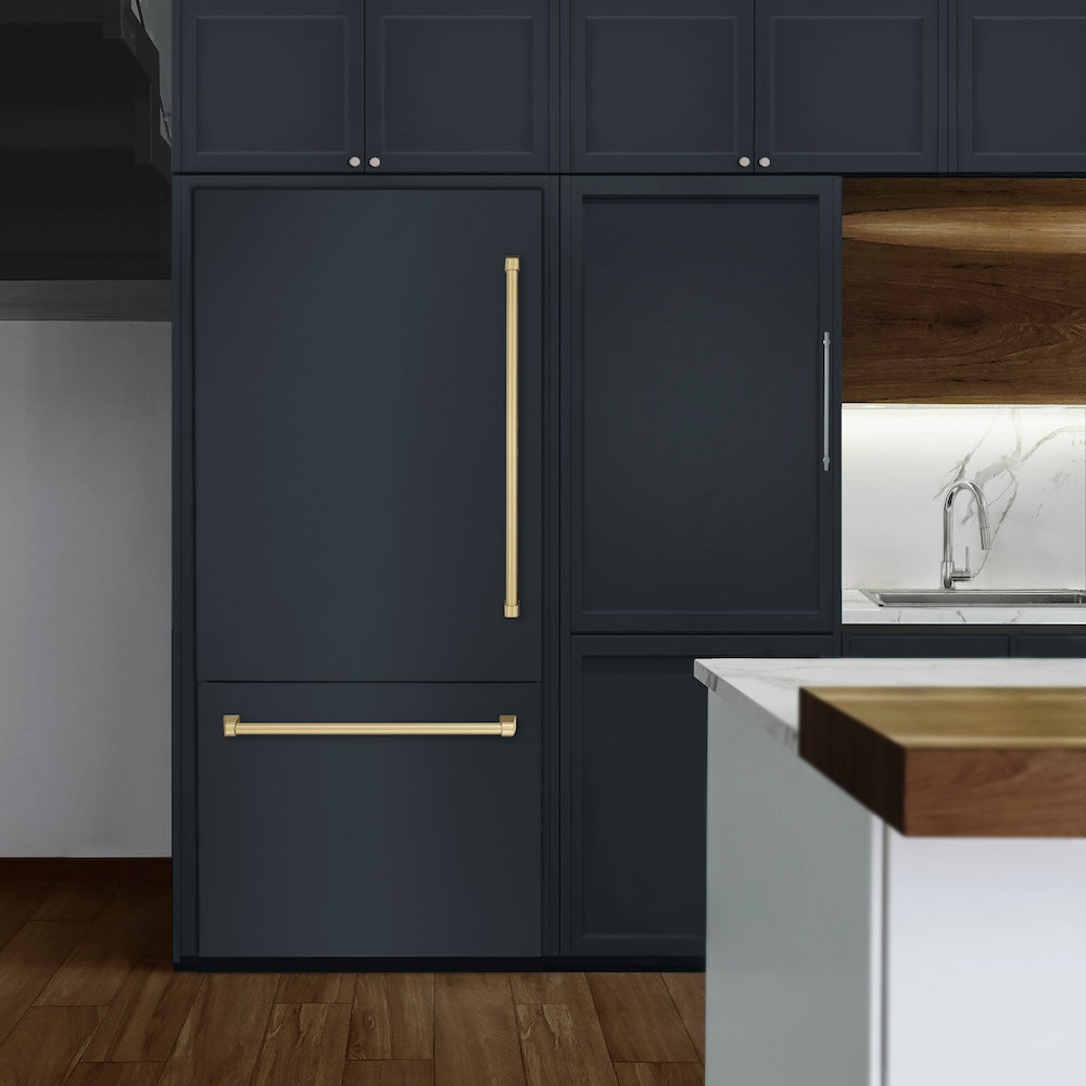 ZLINE Autograph Edition 36-inch refrigerator, panel ready with bright white interior and champagne bronze accents RBITZ-36-CB, view 2