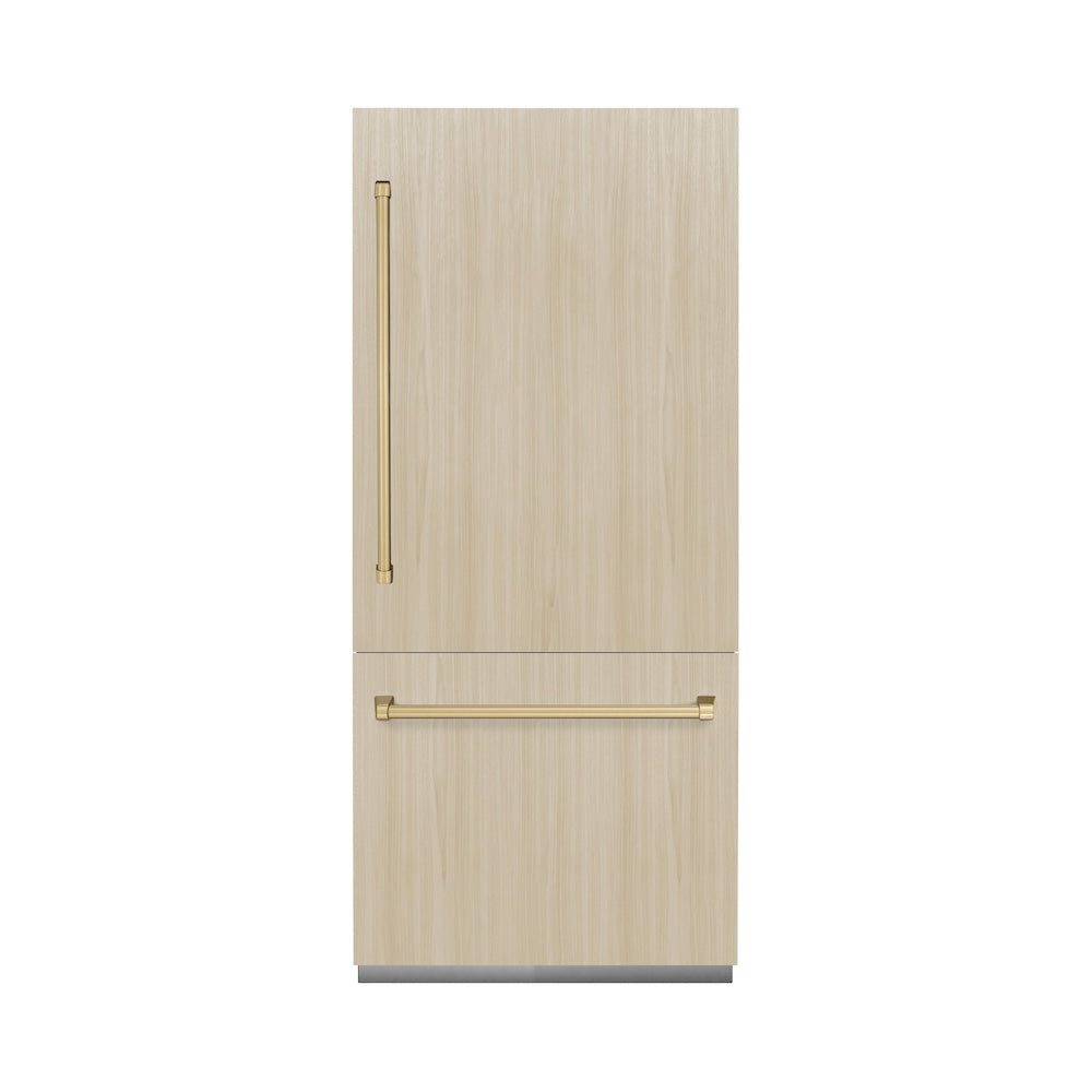 ZLINE Autograph Edition 36-inch refrigerator, panel ready with bright white interior and champagne bronze accents RBITZ-36-CB, front view