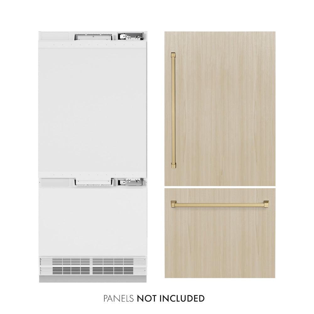 ZLINE Autograph Edition 36-inch refrigerator, panel ready with bright white interior and champagne bronze accents RBITZ-36-CB