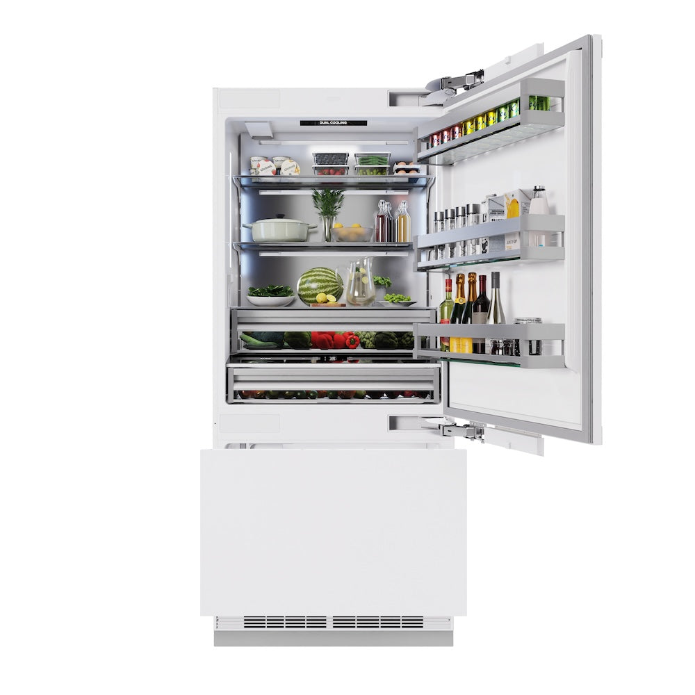ZLINE Autograph Edition 36-inch refrigerator, panel ready with bright white interior and polished gold accents RBITZ-36-G, front view