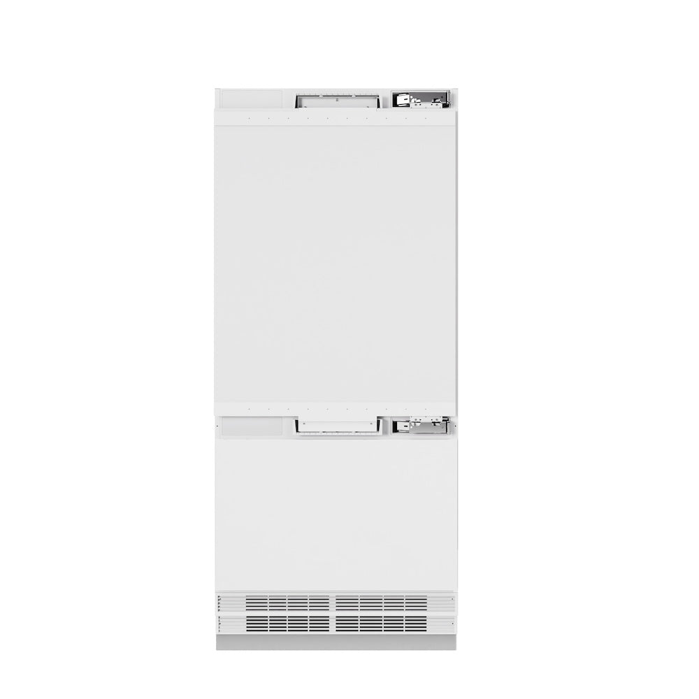 ZLINE Autograph Edition 36-inch refrigerator, panel ready with bright white interior and polished gold accents RBITZ-36-G, front view