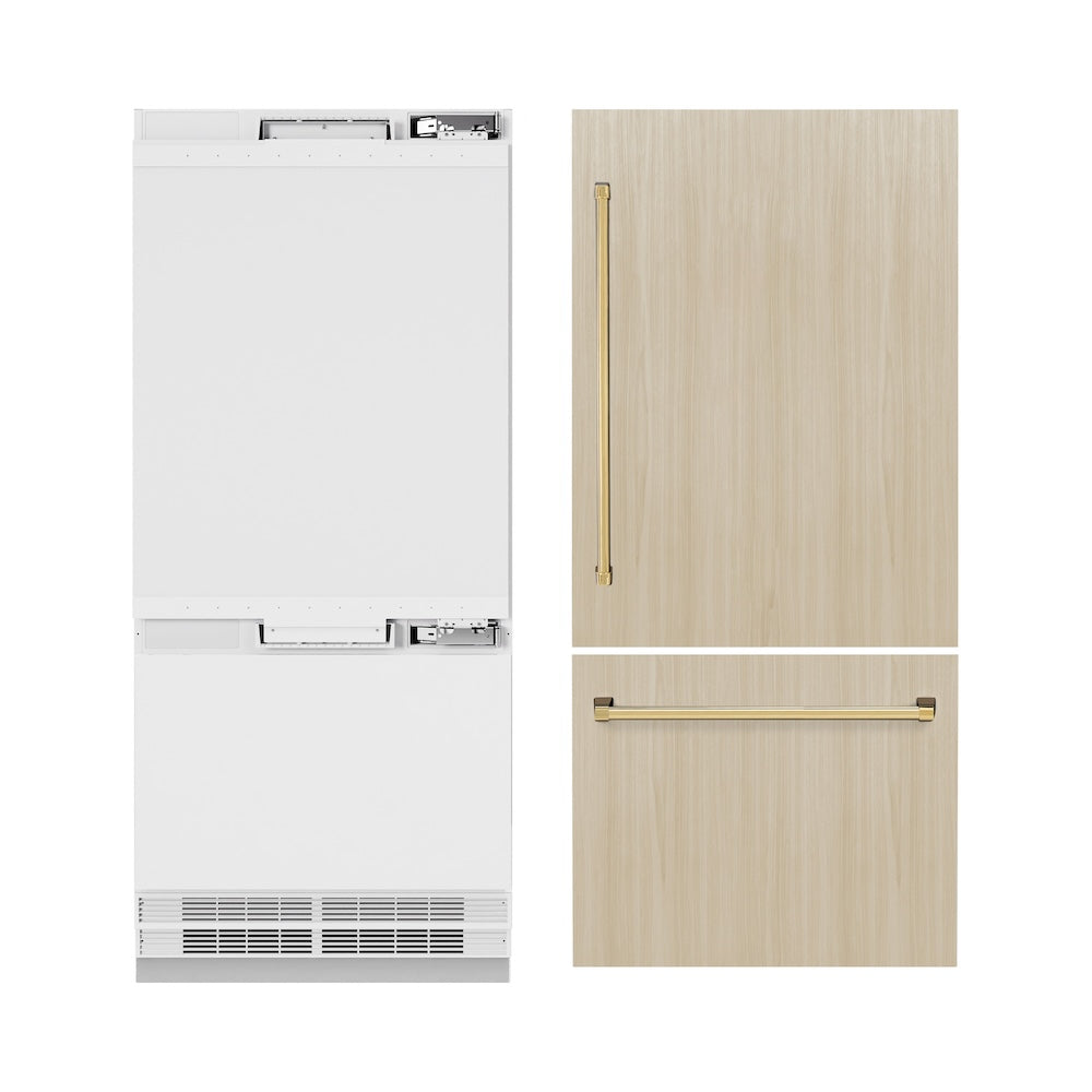 ZLINE Autograph Edition 36-inch refrigerator, panel ready with bright white interior and polished gold accents RBITZ-36-G, front view
