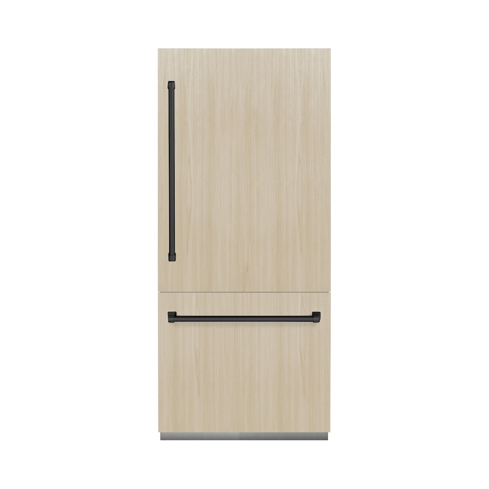 ZLINE Autograph Edition 36-inch refrigerator, panel ready with bright white interior and matte black accents RBITZ-36-MB, front view