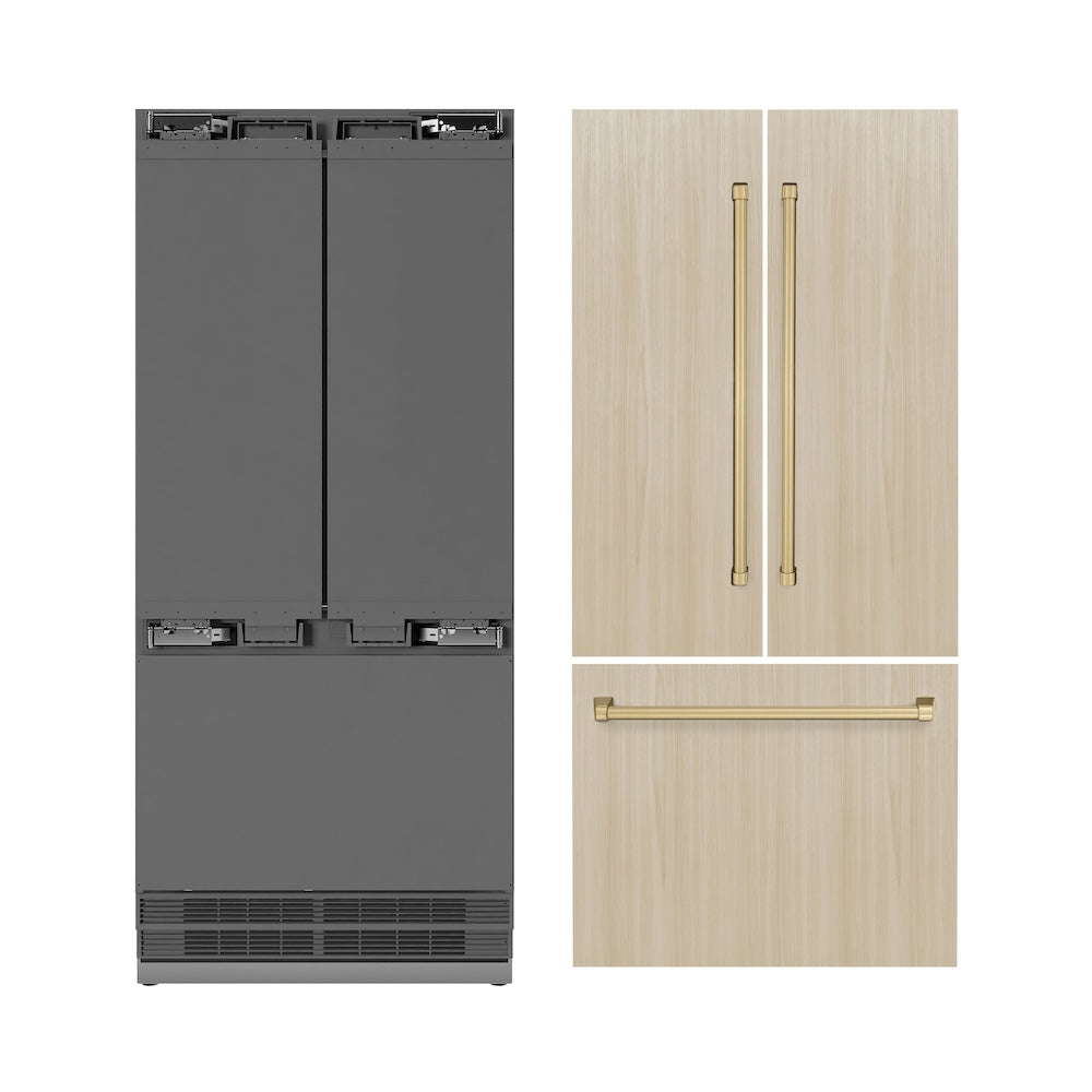 ZLINE Autograph Edition 36-inch refrigerator, panel ready with stainless steel interior and champagne bronze accents SRBIVZ-36-CB, front view