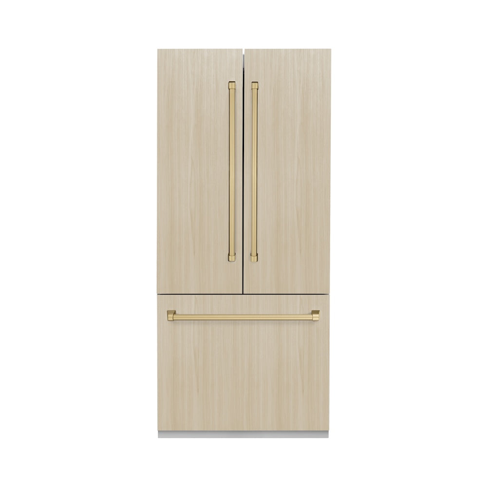 ZLINE Autograph Edition 36-inch refrigerator, panel ready with stainless steel interior and champagne bronze accents SRBIVZ-36-CB, front view