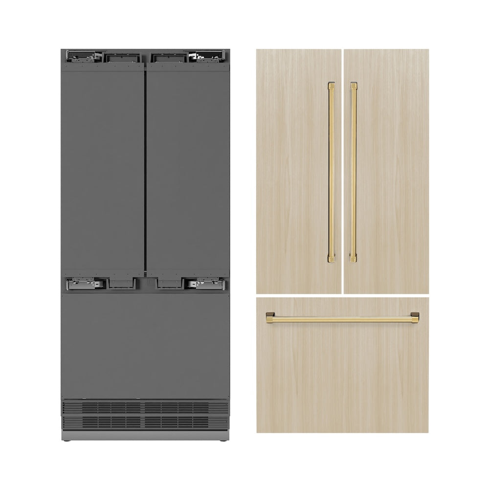 ZLINE Autograph Edition 36-inch refrigerator, panel ready with stainless steel interior and polished gold accents SRBIVZ-36-G, front view