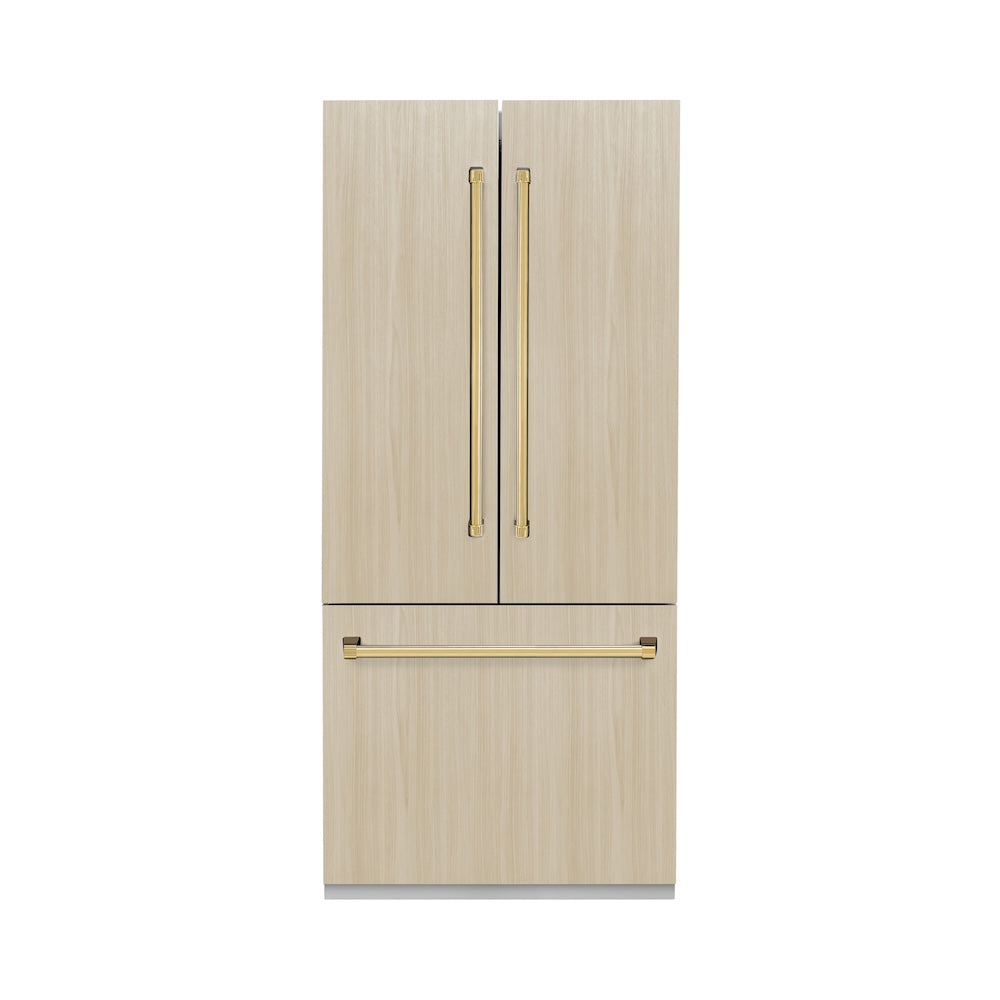 ZLINE Autograph Edition 36-inch refrigerator, panel ready with stainless steel interior and polished gold accents SRBIVZ-36-G, front view