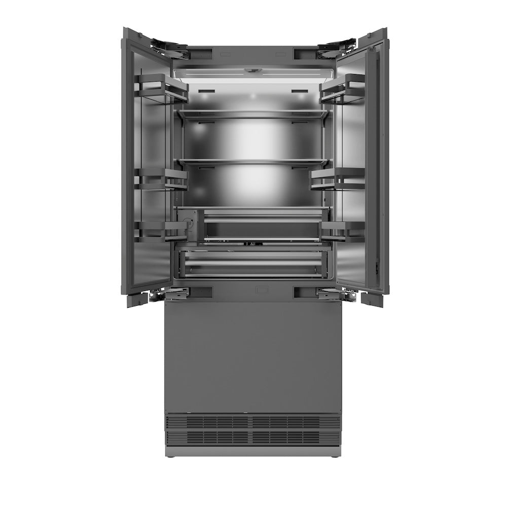 ZLINE Autograph Edition 36-inch refrigerator, panel ready with stainless steel interior and matte black accents SRBIVZ-36-MB, front view