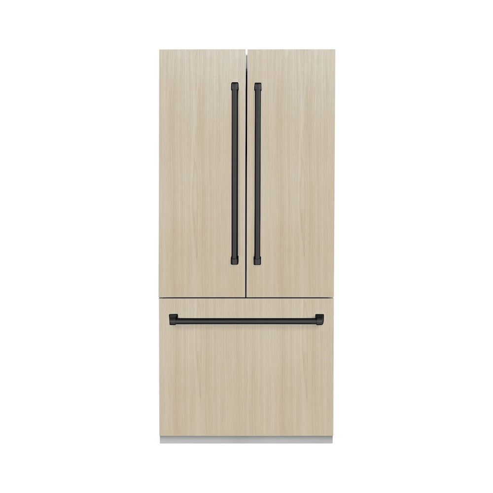 ZLINE Autograph Edition 36-inch refrigerator, panel ready with stainless steel interior and matte black accents SRBIVZ-36-MB, front view