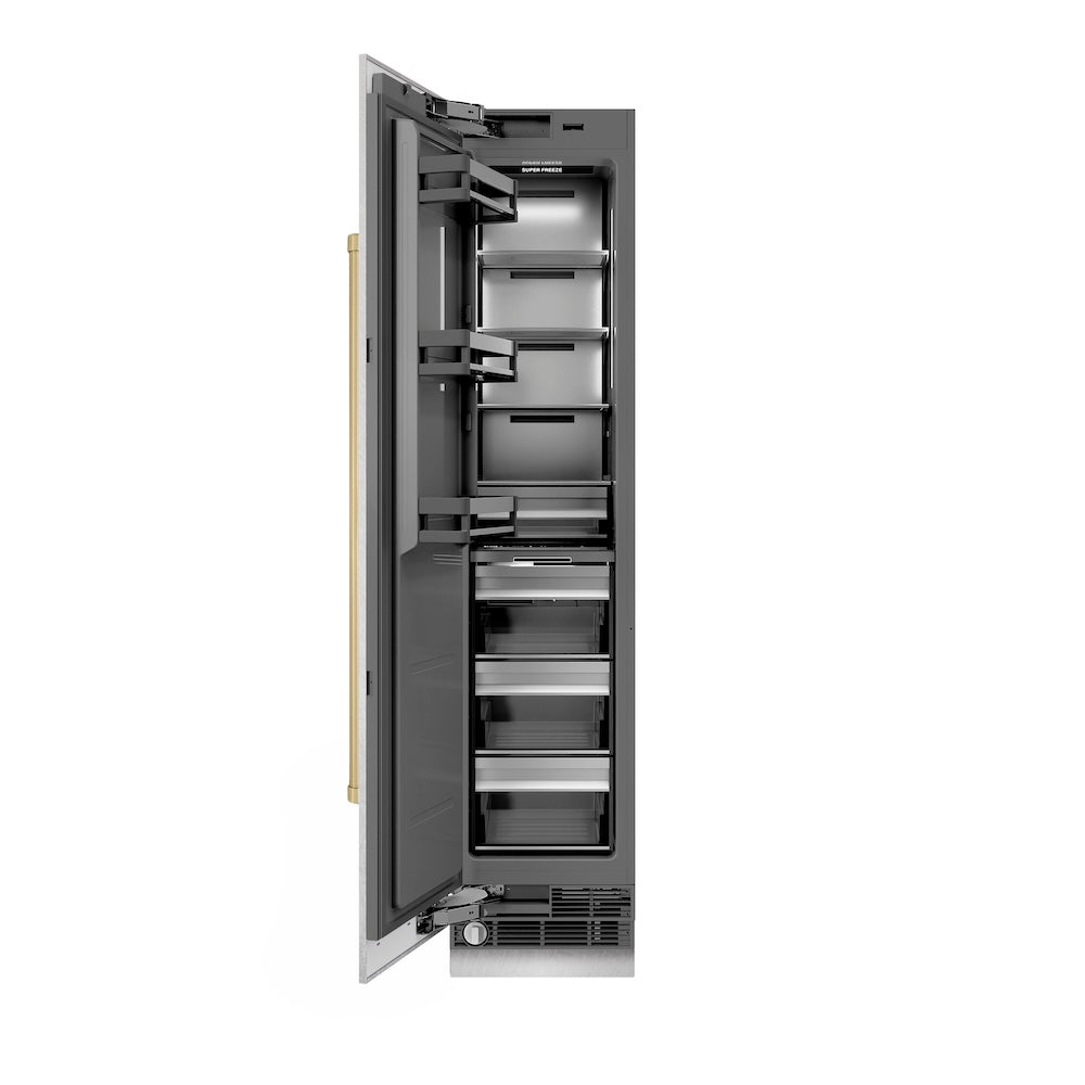 ZLINE Autograph Edition 18-inch freezer in satin stainless steel with graphite gray interior and champagne bronze accents RCFVLZ-SN-18-CB