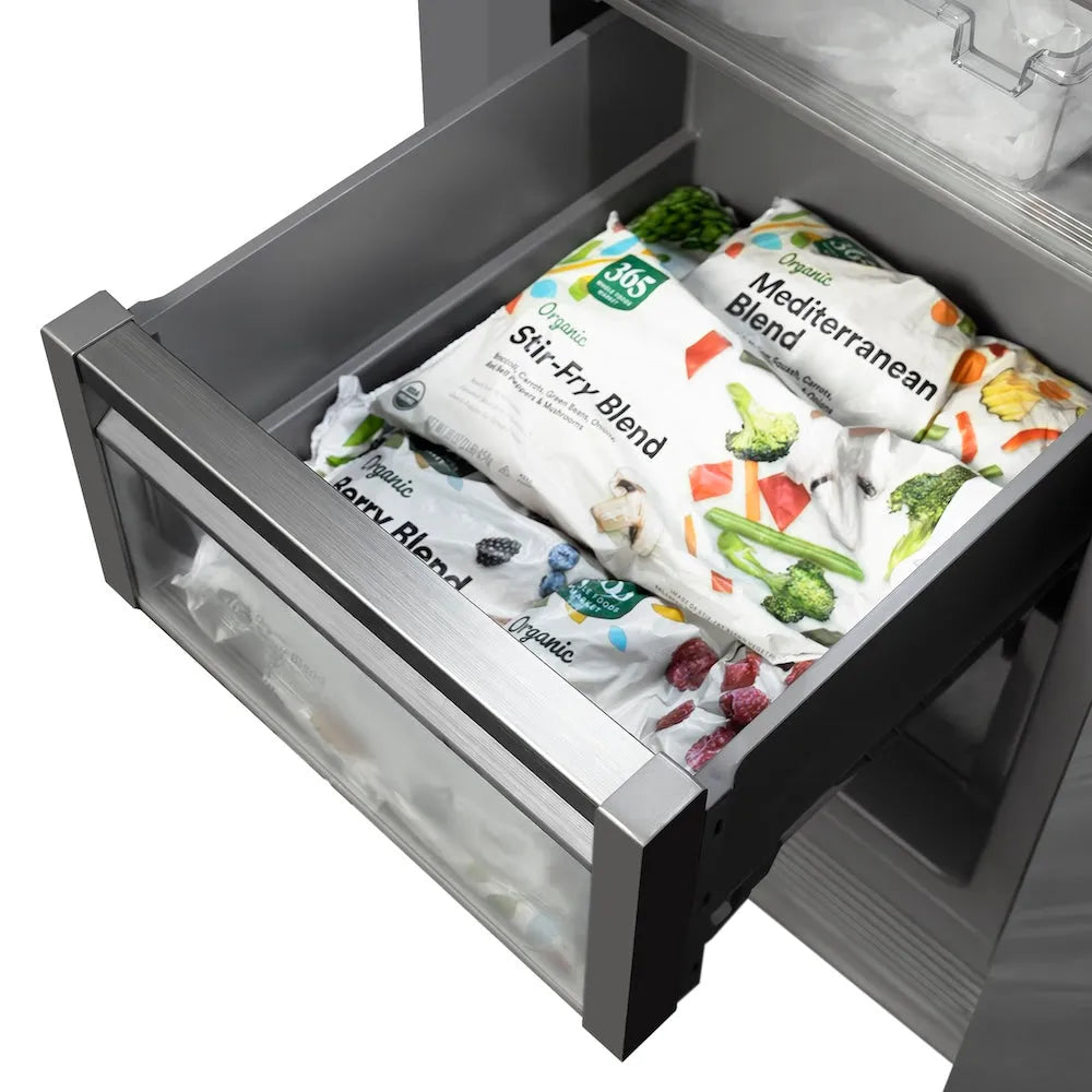 ZLINE Autograph Edition 18-inch freezer in satin stainless steel with graphite gray interior and matte black accents RCFVRZ-SN-18-MB, detail
