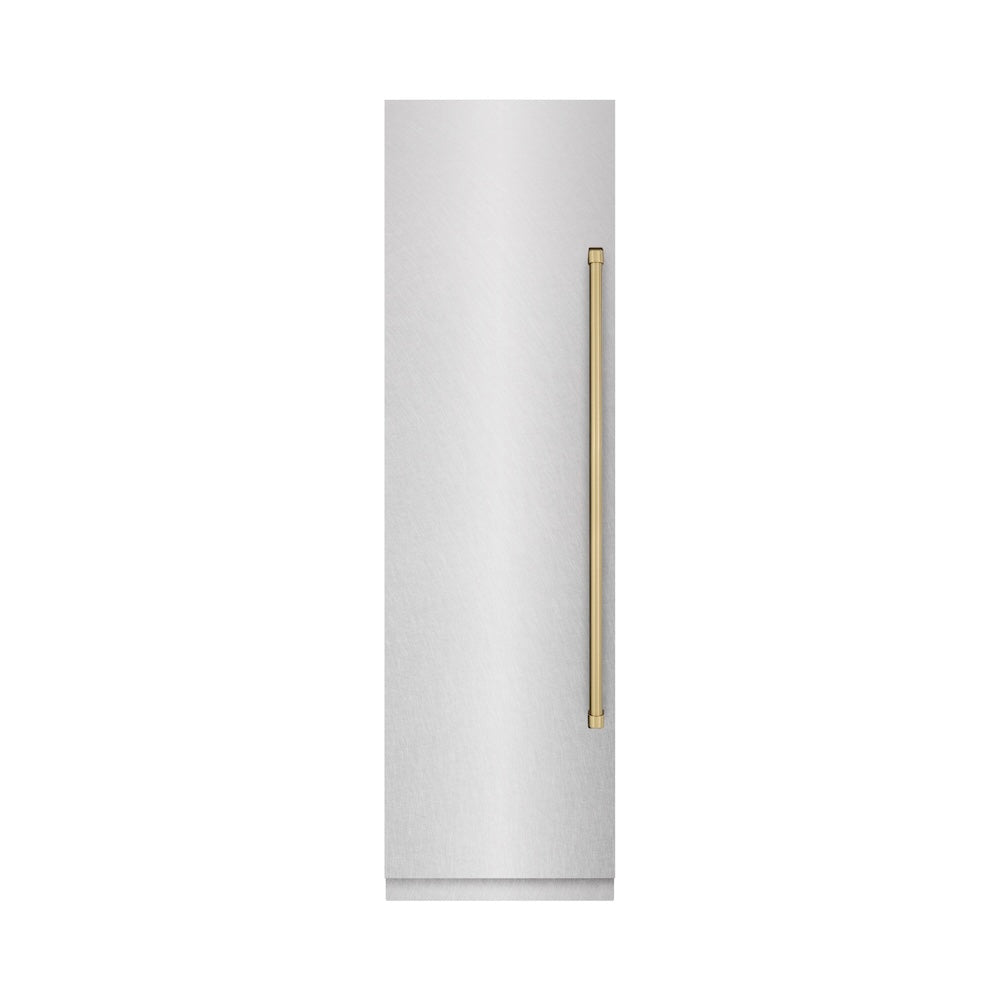 ZLINE Autograph Edition 24-inch freezer in satin stainless steel with graphite gray interior and champagne bronze accents RCFVZ-SN-24-CB, front view