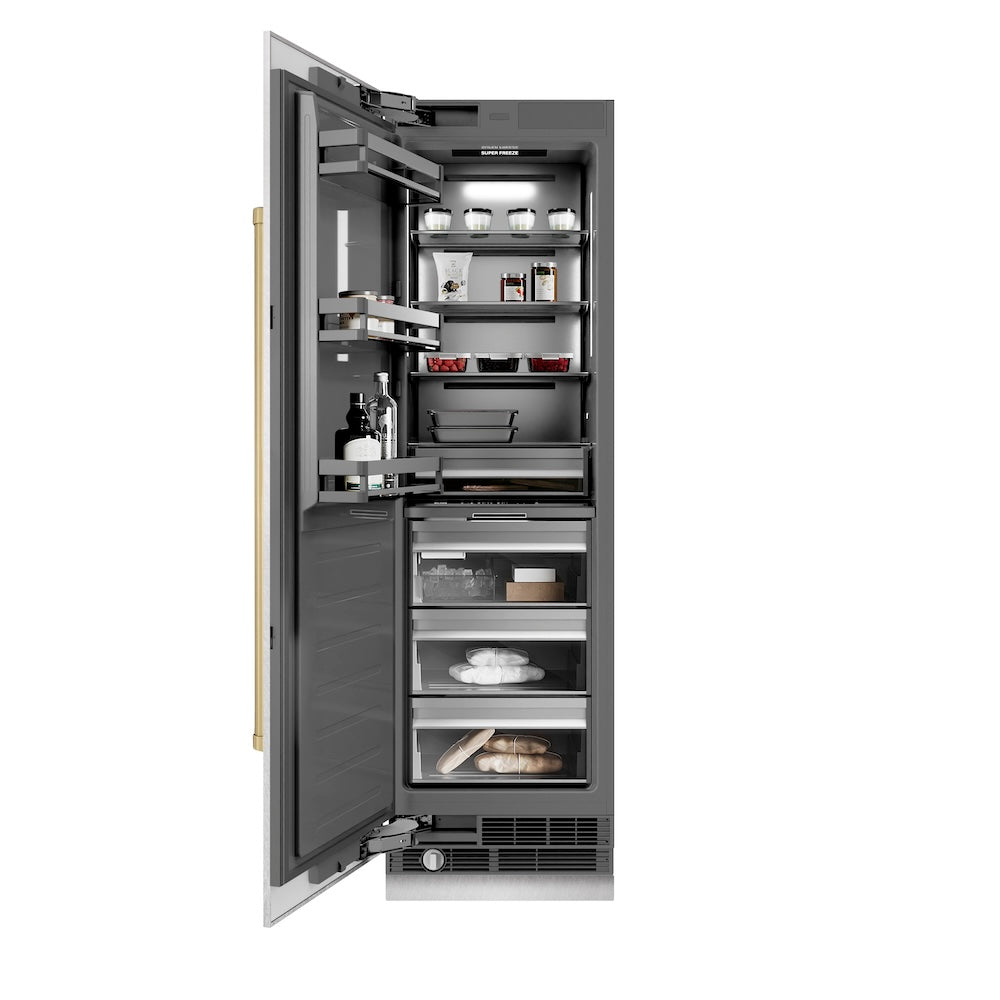 ZLINE Autograph Edition 24-inch freezer in satin stainless steel with graphite gray interior and champagne bronze accents RCFVZ-SN-24-CB, front view